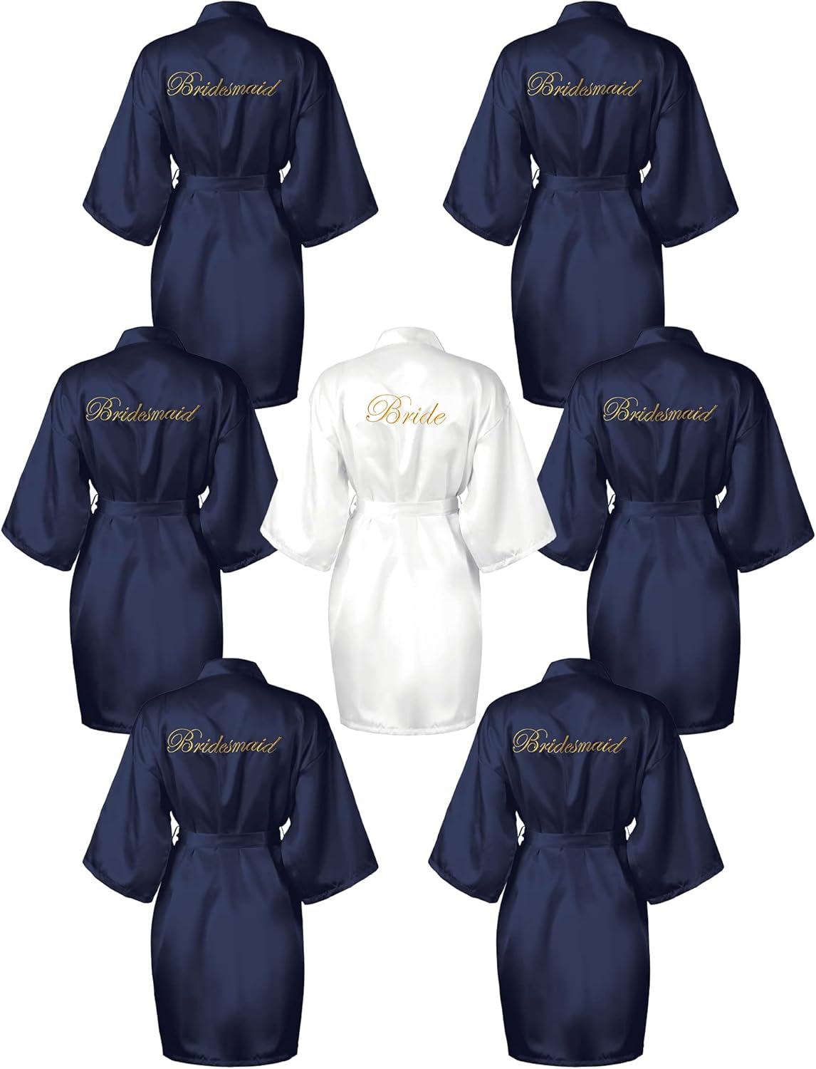 Geyoga 7 Pcs Bridesmaids Satin Robes Silky Bride Kimono Bathrobe Sleepwear for Wedding(Navy Blue, White,L)