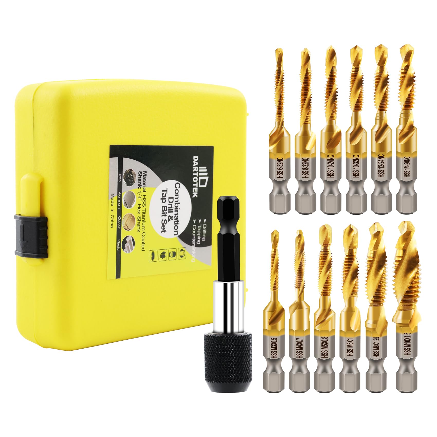 Combination Drill and Tap Bit Set,Titanium Coated Tapping Bit Tool 13pcs SAE/Metric Screw tap Drill bit for Drilling Tapping Countersinking,with Quick Change Adapter