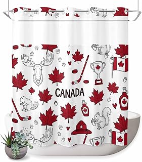No Hook Shower Curtain for Bathroom, Happy Canada Day Shower Curtain with Sheer Top Window, Red Maple Leaf Line Beaver Waterproof Washable Bath Curtains, 66x72 Inch
