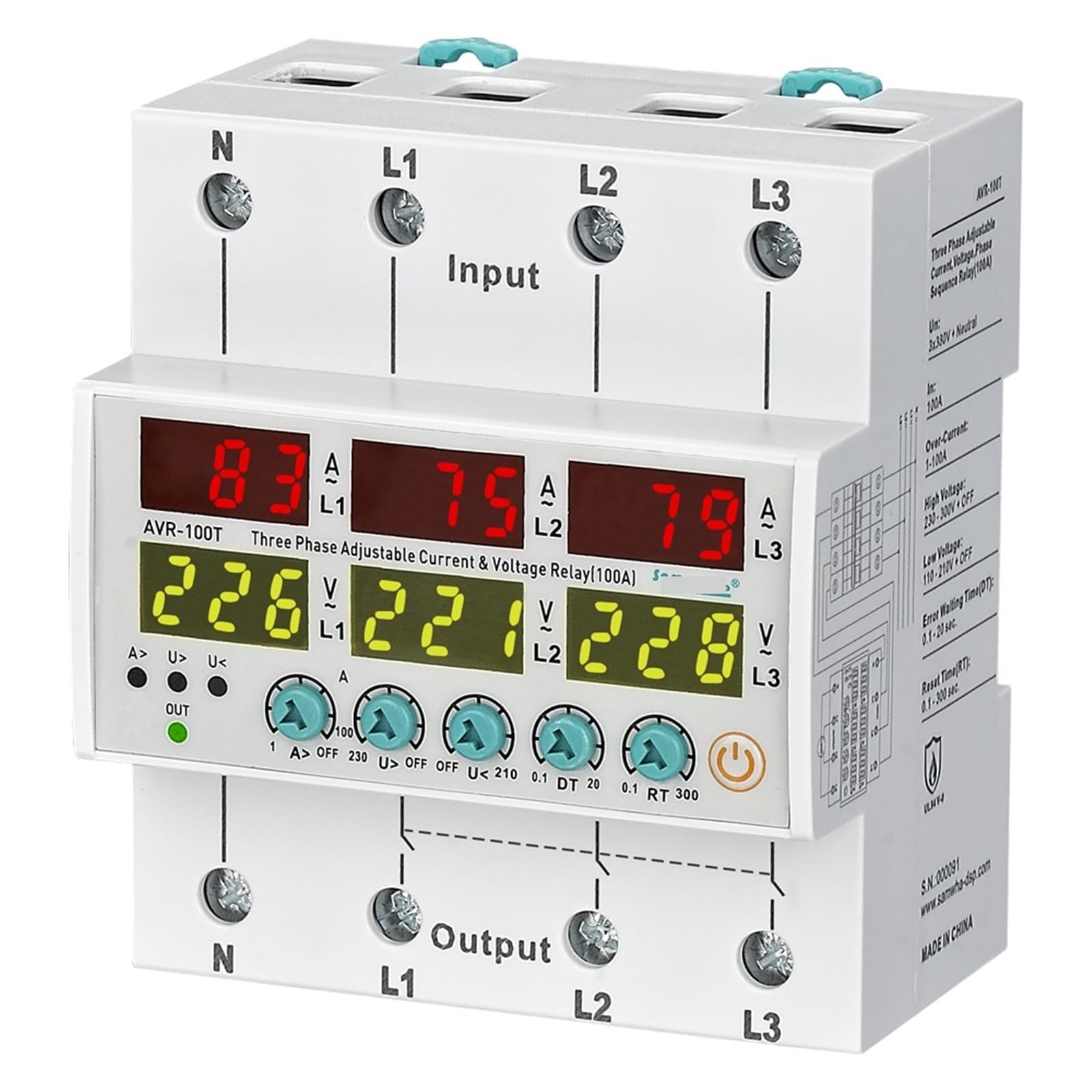 Relé de protección de sobrecorriente 3x380V KmoNo con voltímetro de secuencia 80A AVR-XXTF