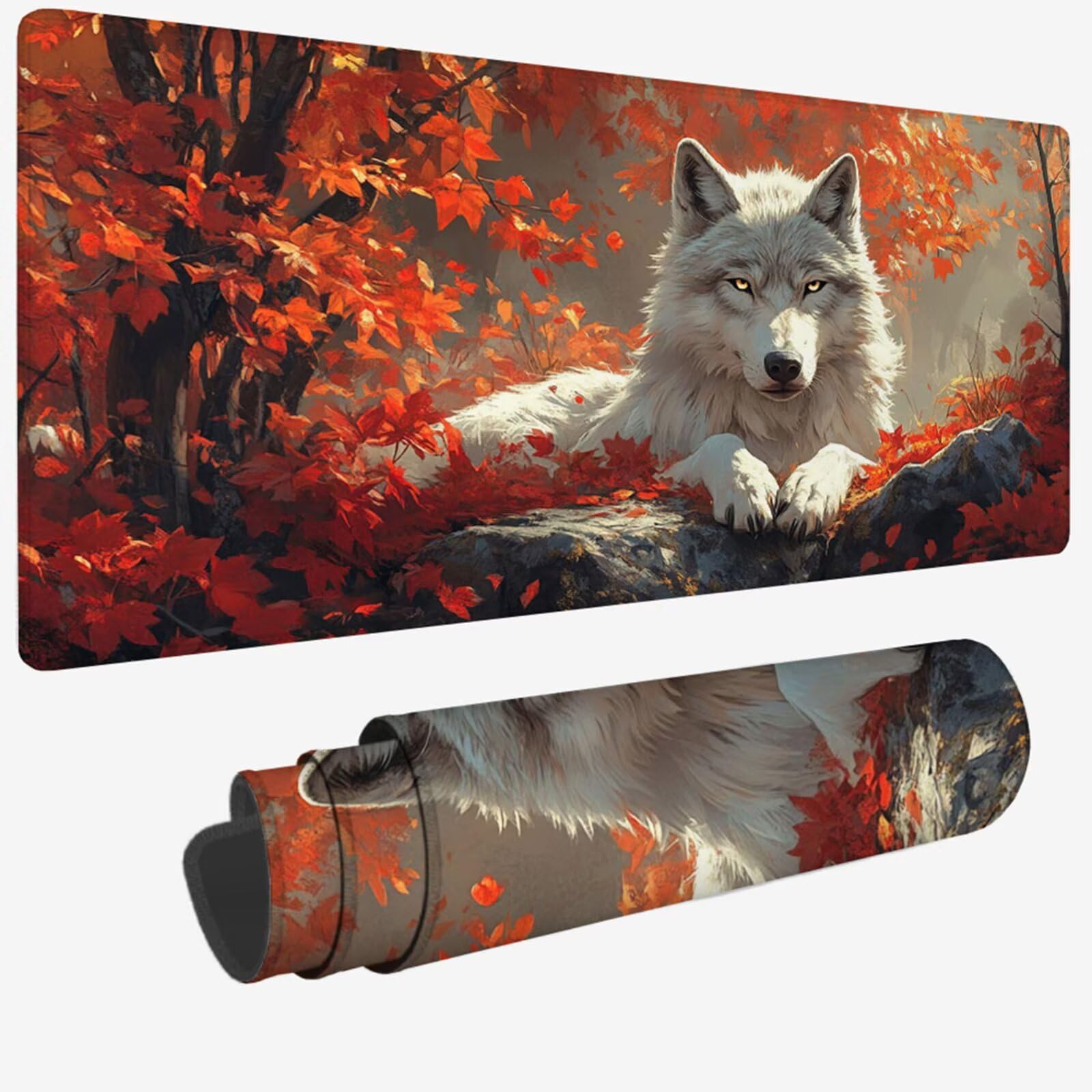 Podkładka pod mysz XXL 1200 x 400 x 3 mm, czerwona podkładka pod mysz, duża podkładka pod mysz wilka z wodoodporną i antypoślizgową gumową podstawą, zmywalna mata na biurko do gier, akcesoria biurowe