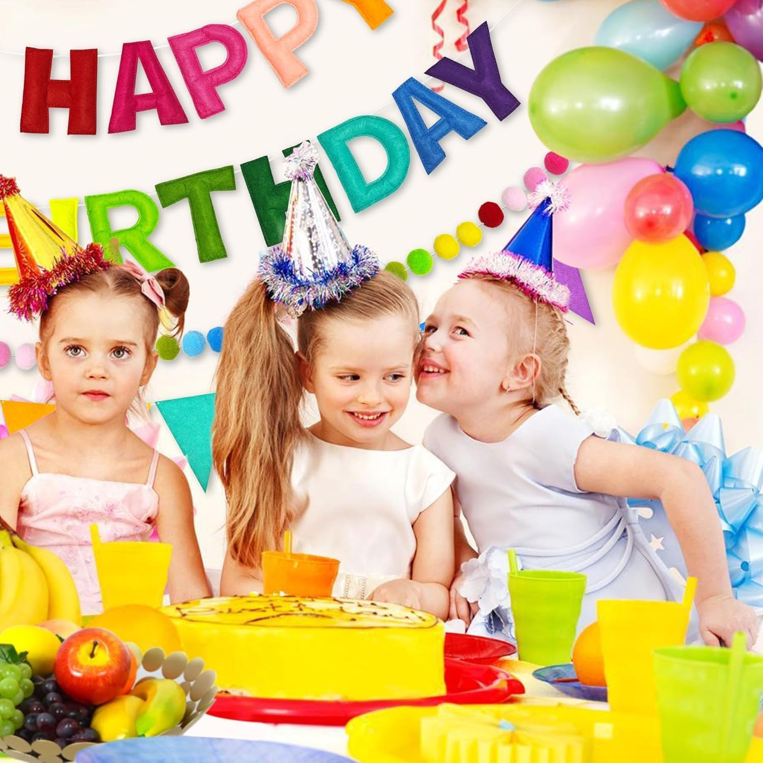 3D Happy Birthday Banner Set, 3 PCS Rainbow Felt Garland with Pom Pom Garland and Triangle Fabric Bunting, Reusable Birthday Decorations for Girls Boys Women Men