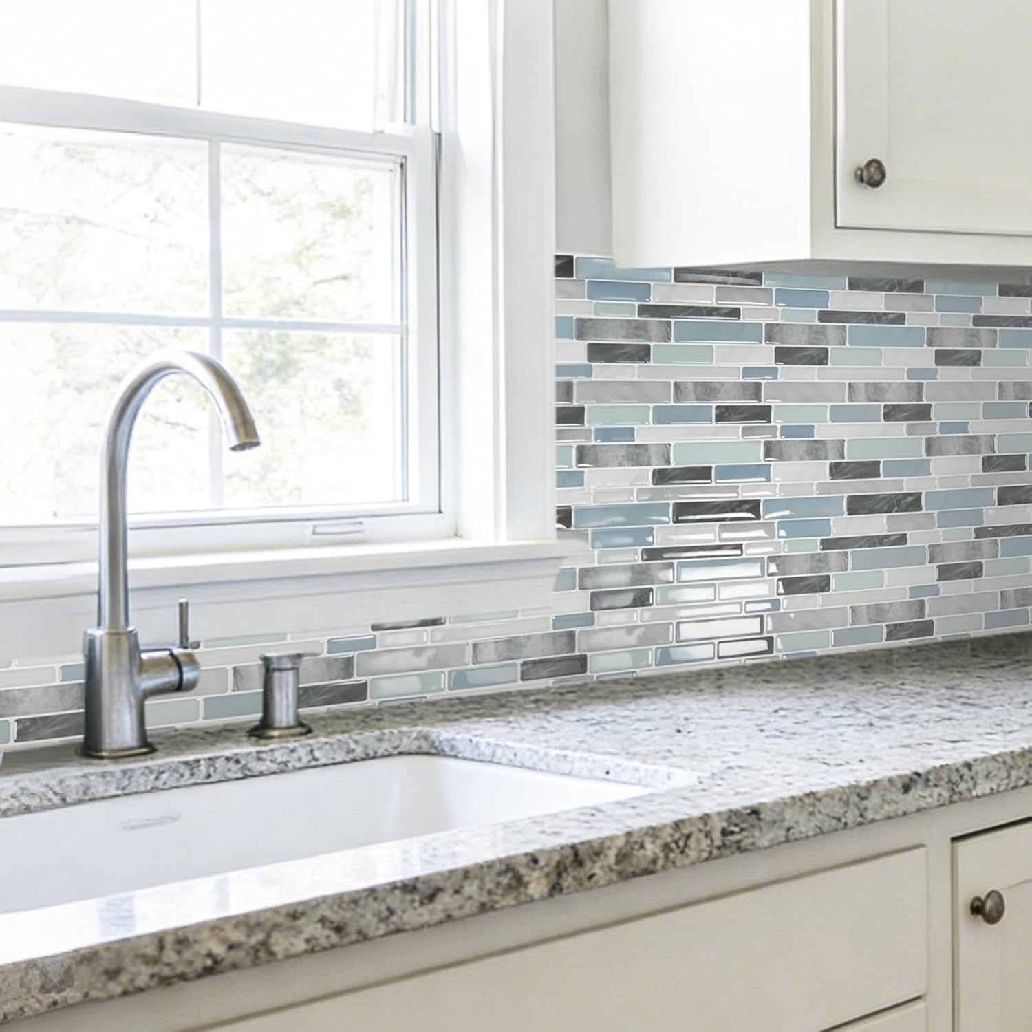 LONGKING Self-Adhesive Kitchen Backsplash, Marble Look Decorative Tiles (10 Tiles)