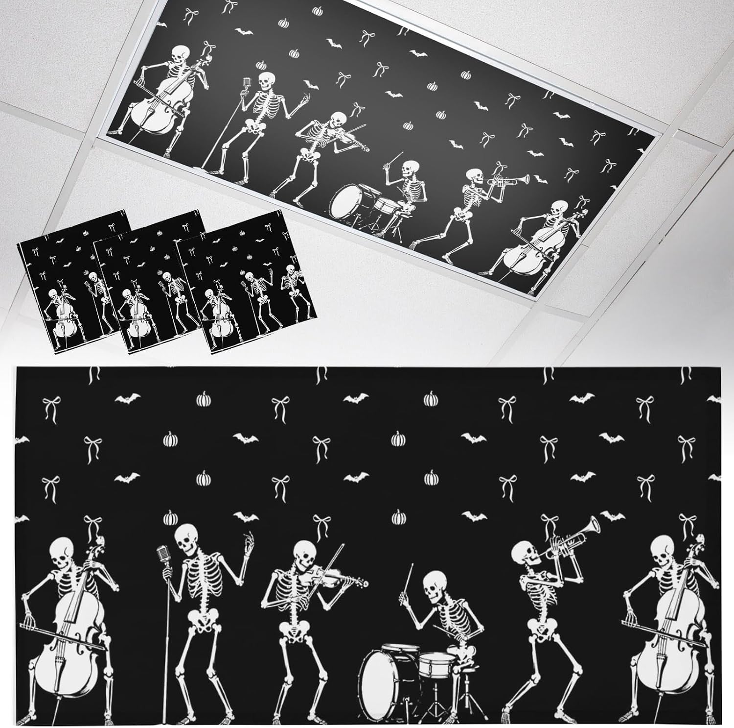 Musical Skeleton Halloween 3 Pack Fluorescent Light Cover 4x2 Feet, Black White Bat Bow Lights Filters Drop Fluorescent Lights Cloth Shade, Magnetic Ceiling Light Cover for Classroom Office
