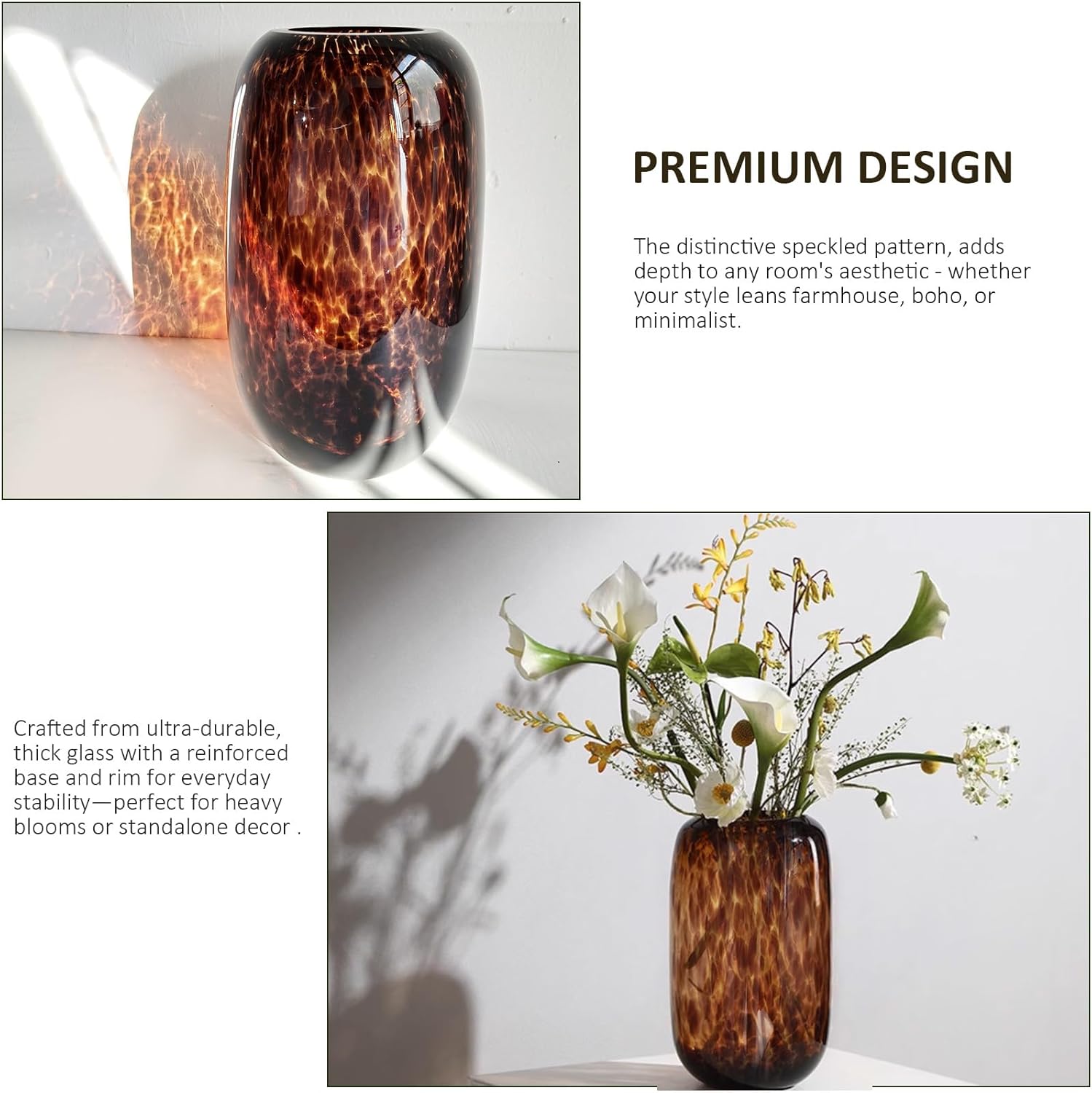 10.7" High Luxe Leopard Glass Vase — Unique Modern Amber Brown Centerpiece for Home Decor, Gifts & Everyday Elegance