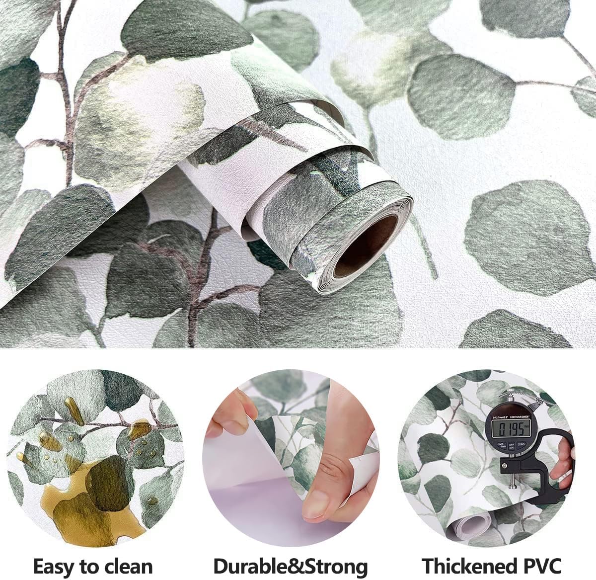 Peel and Stick Wallpaper Green Leaf Contact Paper 17.7inchx196.8inch Modern Eucalyptus Peel and Stick Wallpaper for Bedroom Bathroom Green Self Adhesive Contact Paper Floral Botanical Decorative