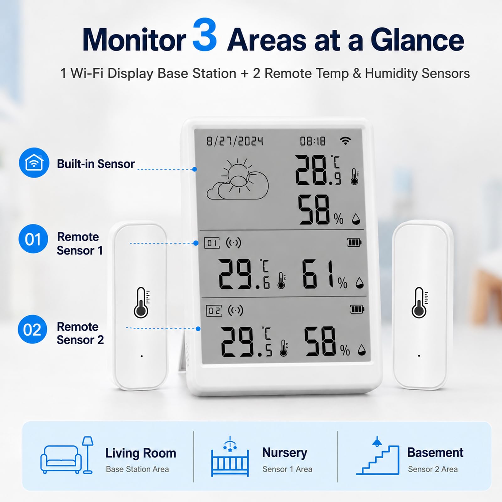 Thermomètre hygromètre Wi-Fi avec 2 capteurs pour température et humidité