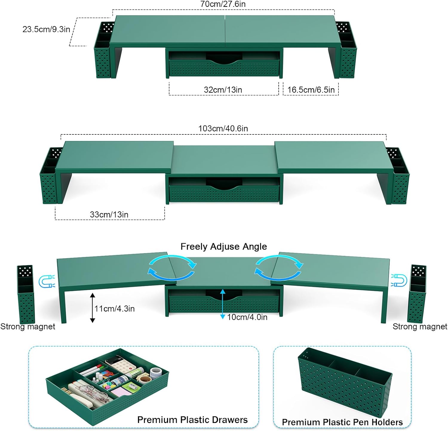 Spacrea Metal Desk Organizers and Accessories, Dual Monitor Stand Riser with Drawer and 2 Pen Holders, Desk Accessories & Workspace Desktop Organizers for Office Supplies (Dark Gree)