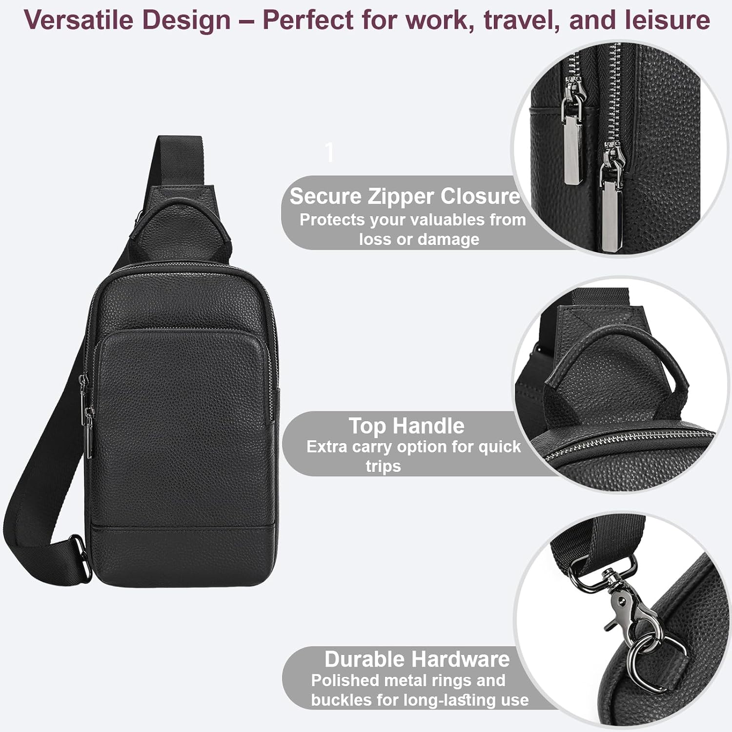 Men's Genuine Leather Sling Bag Crossbody Chest Bag with Multiple Pockets for Travel Commute & Outdoor Use