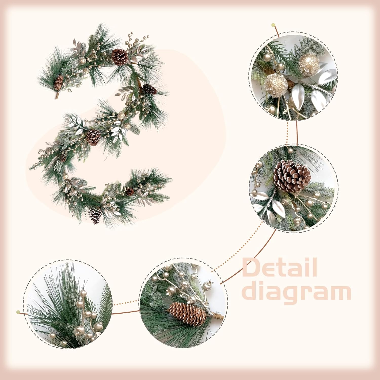 idyllic 6ft Christmas Garland with Champagne Berries - Realistic Faux Garland for Mantel, Table, Stair, TV Decor - Prelit Indoor Outdoor Christmas Garlands - Image 2