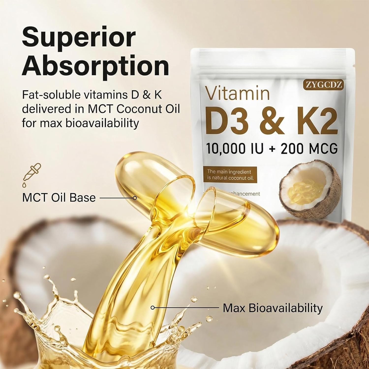 Vitamin D3 10000 IU with K2 MK-7 200 mcg Softgels, 180 Count | Supports Bone, Heart & Immune Health | Enhanced Absorption with Organic Coconut Oil, Non-GMO, Easy to Swallow Supplement (01)