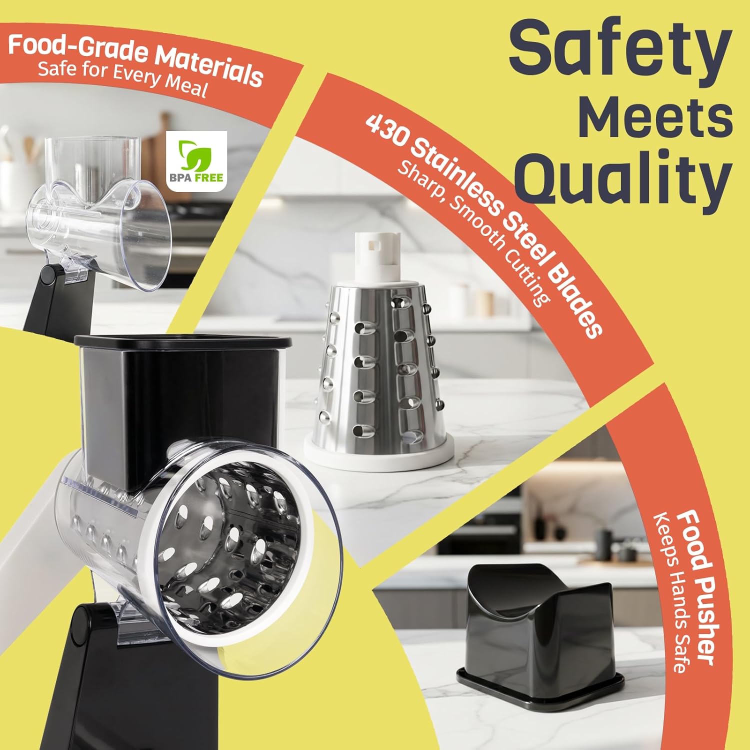 Upgraded Rotary Cheese Grater with 3 Interchangeable Stainless Steel Drums, One-Press Powerful Suction Manual Vegetable Shredder & Slicer for Kitchen, 15pcs Storage Bags Included, Black