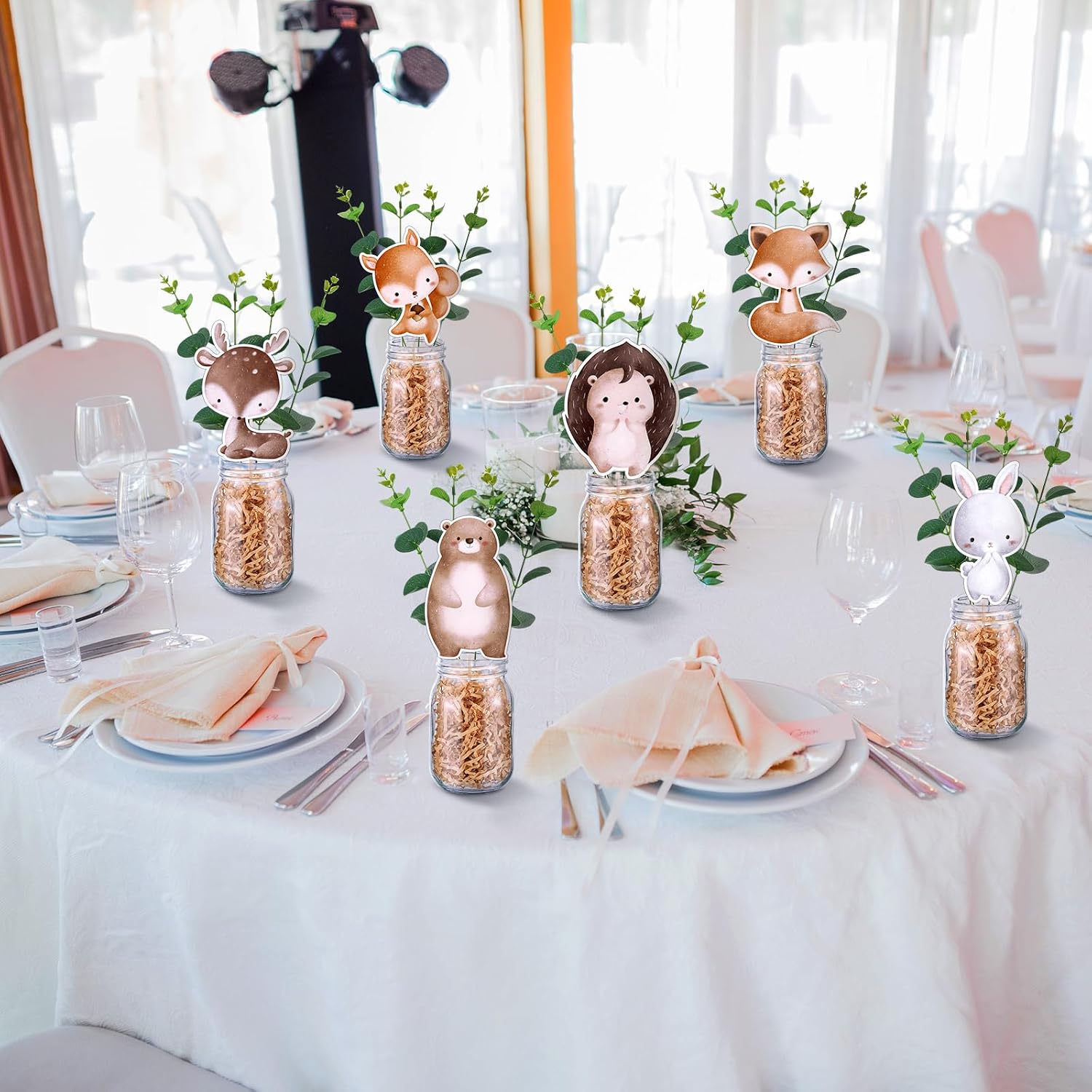Baderke 7 Set 54 Pcs Woodland Animals Baby Shower Table Centerpieces Decoration Forest Animal Mason Jar Vase Artificial Flowers Shred Filler for Woodland Creature Birthday Camp Party Decor