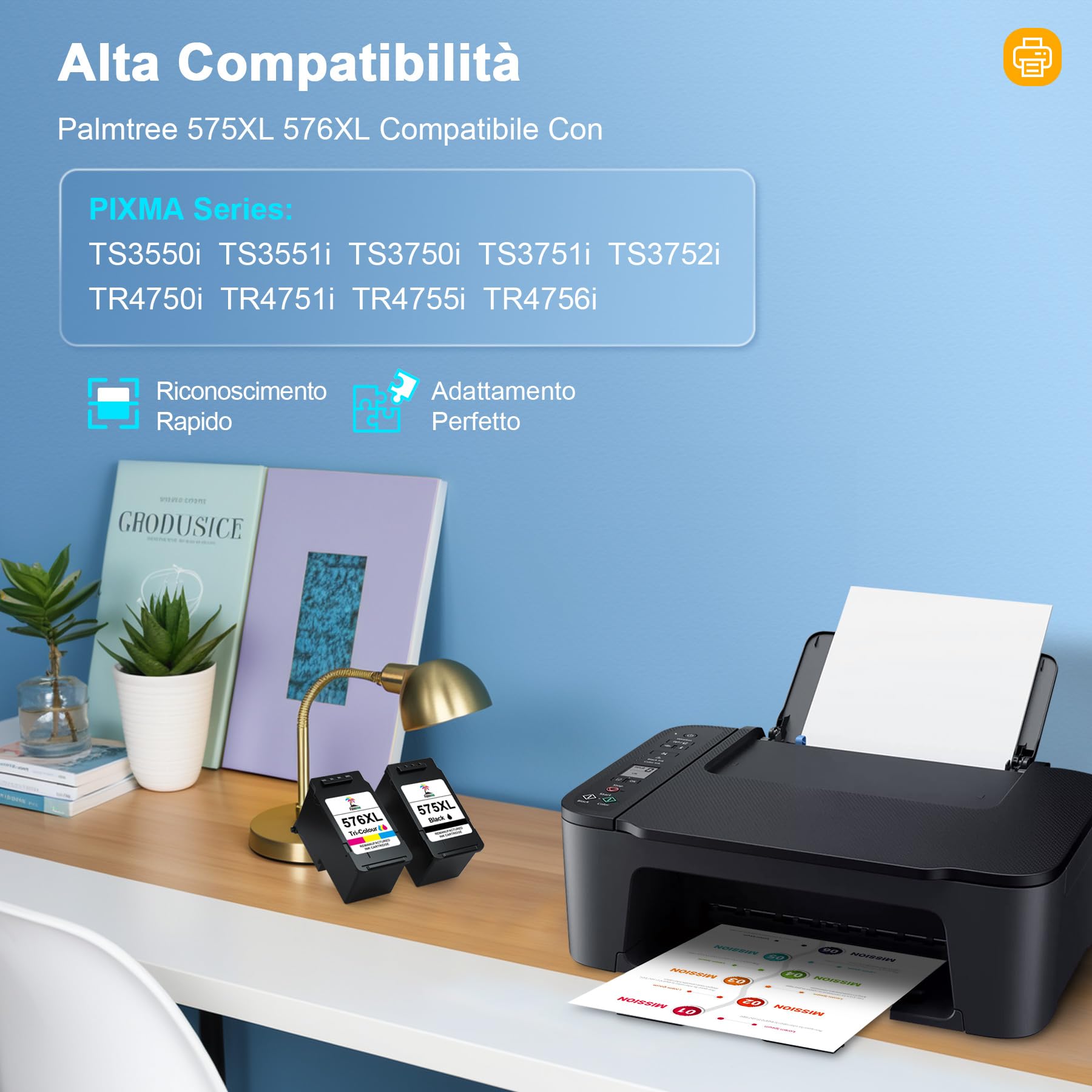 Palmtree PG-575XL CL-576XL Cartucce d'inchiostro Sostituzione cartucce canon 575 576 XL Canon 575XL 576XL per Canon PIXMA TS3550i TS3551i TS3750i TR4750i TR4751i TR4755i TR4756i (1Nero, 1Tri-Colore)