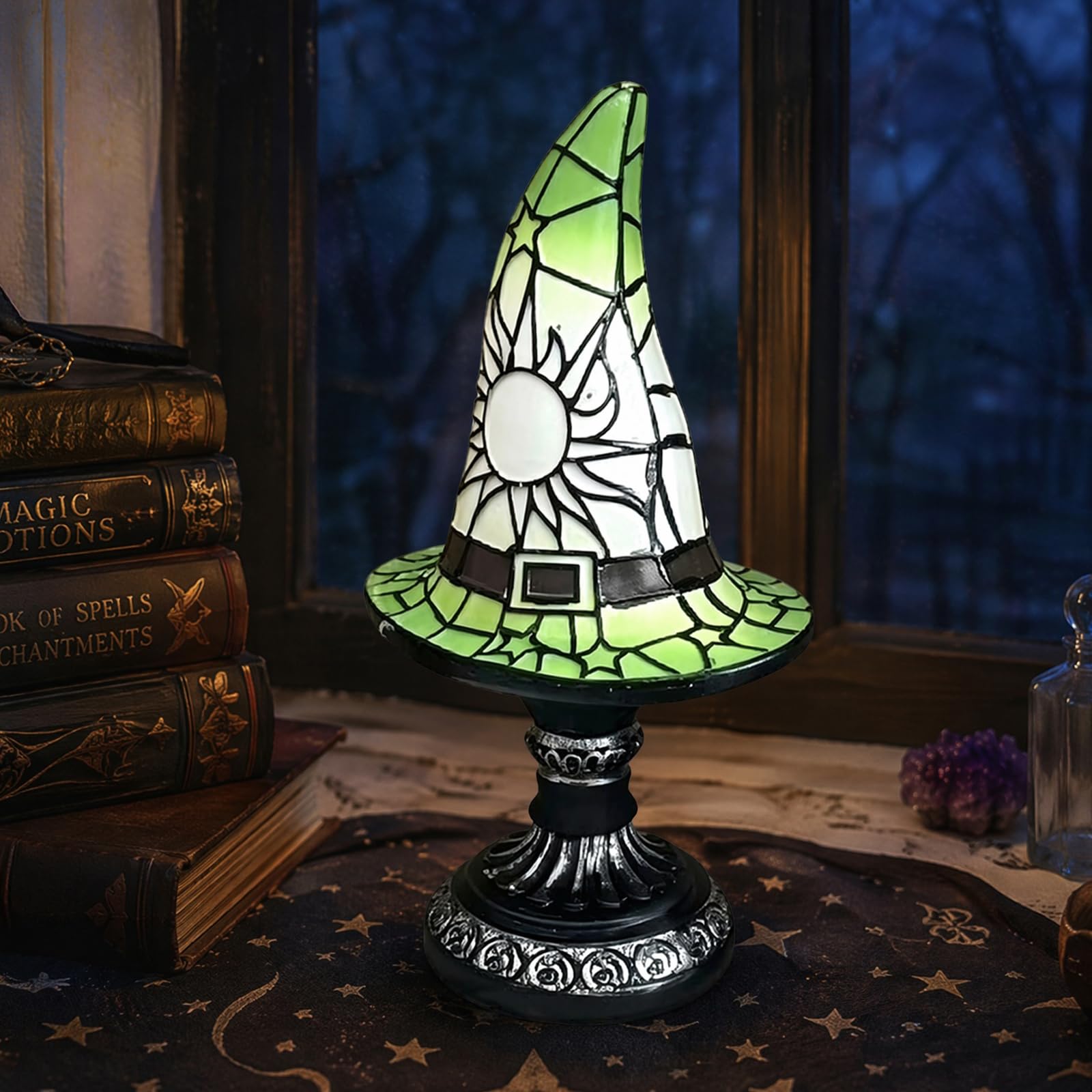 CRGANGZY Stained Glass Witch Hat Lamp, USB Powered Gothic Wizard Hat Table Lamp for Halloween Lovers Bedroom Party and Home Decor, Wizard Hats Night Light Halloween Home Decor