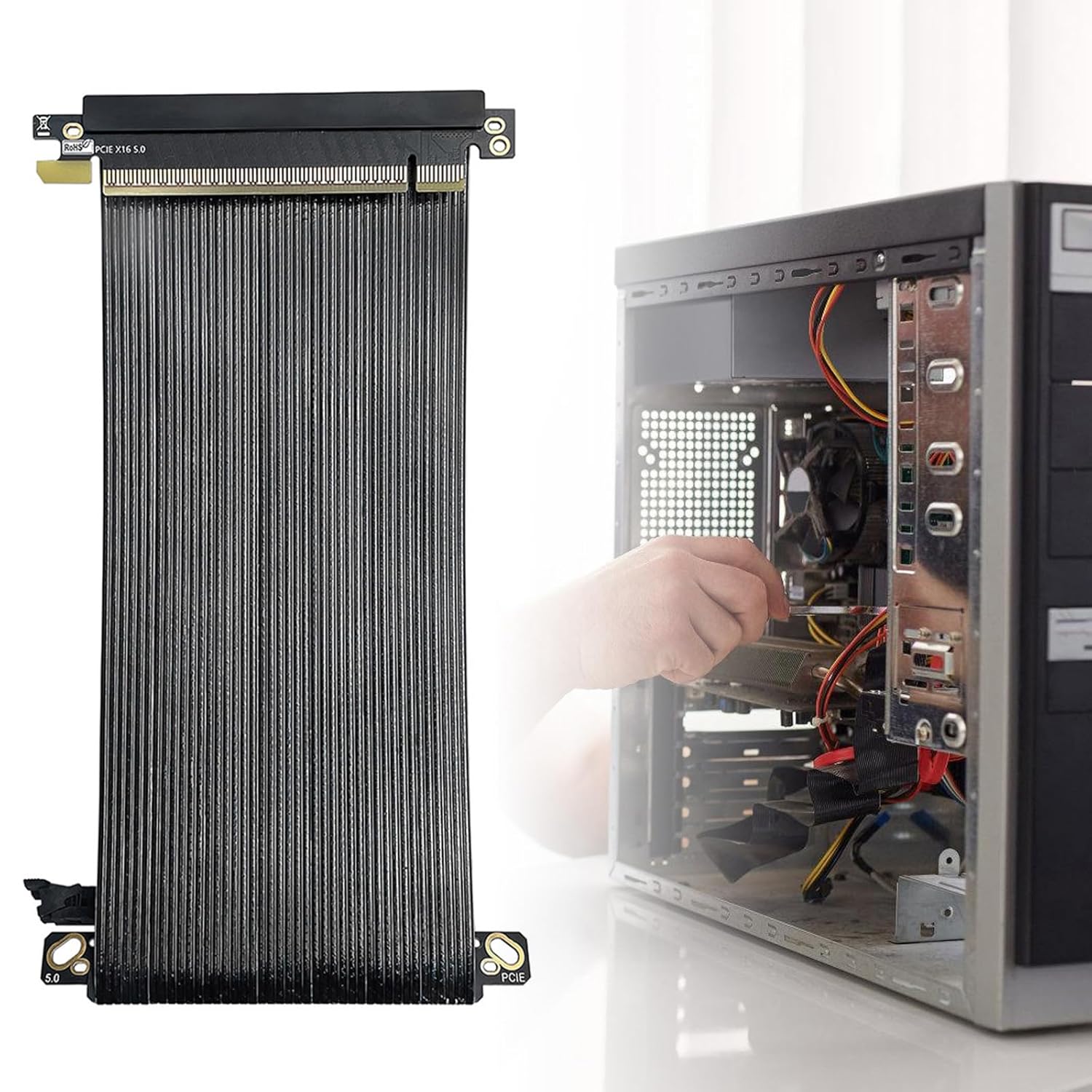 Thin 0.9mm PCIe 5.0 X16 Reverse Risers Cable Two Grounding Structure for GPU HDDs Expansion Cards Backs to Backs GPU Mounting Risers