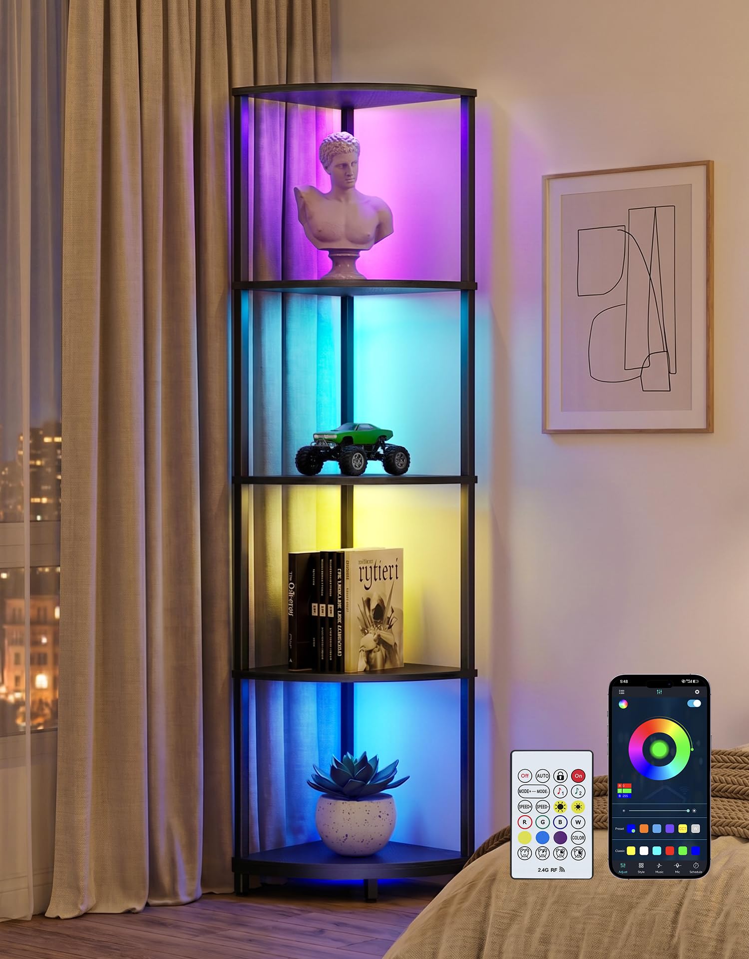 PARTPHONER Corner Shelf with LED Light, 5 Tier Smart Color Changing Floor Lamp with Remote, 62" Display Shelf Bookshelf Narrow Storage Rack Standing Lamp for Living Room Bedroom Home Office Decor