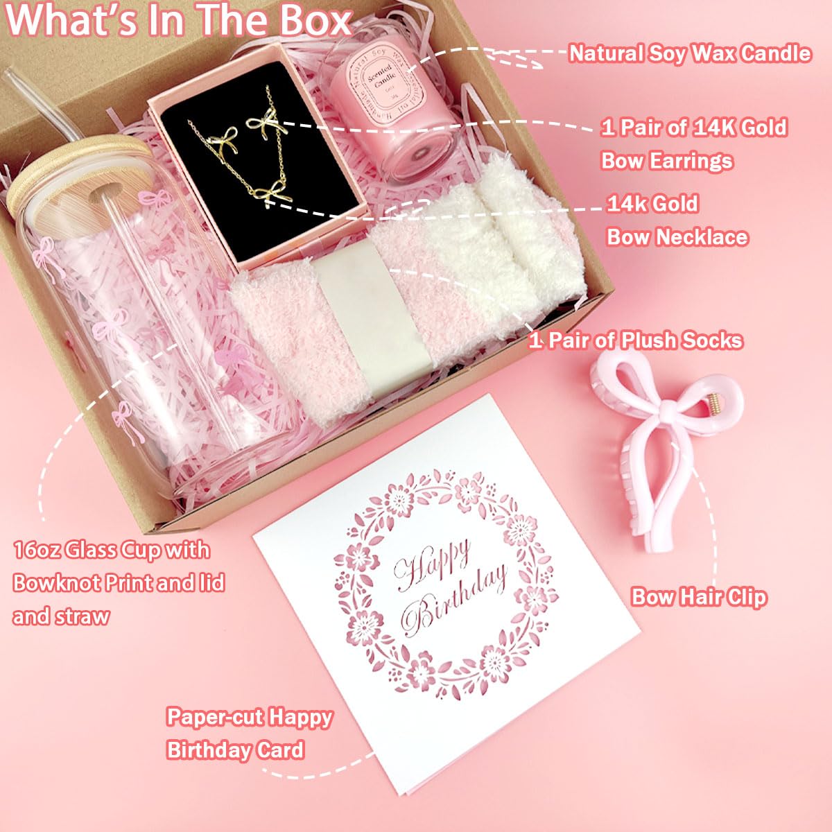 Birthday Gifts for Women,Teen Girls, Her, Happy Birthday Unique Trendy Stuff Gift Box Basket for Mom, Sister, Daughter, Friends, Wife, Cute Coquette Pink Bow Glass Cup Gifts Set 7 Pcs - Image 3