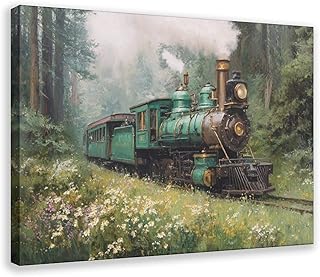 UZWGG 1pcs Framed Green Old Train Picture Wall Art Print Steam Train Canvas Poster Print Spring Scenery Painting Artwork for Living Dining Room Office Studio Decor Wrapped Canvas 16x24inch(40x60cm)