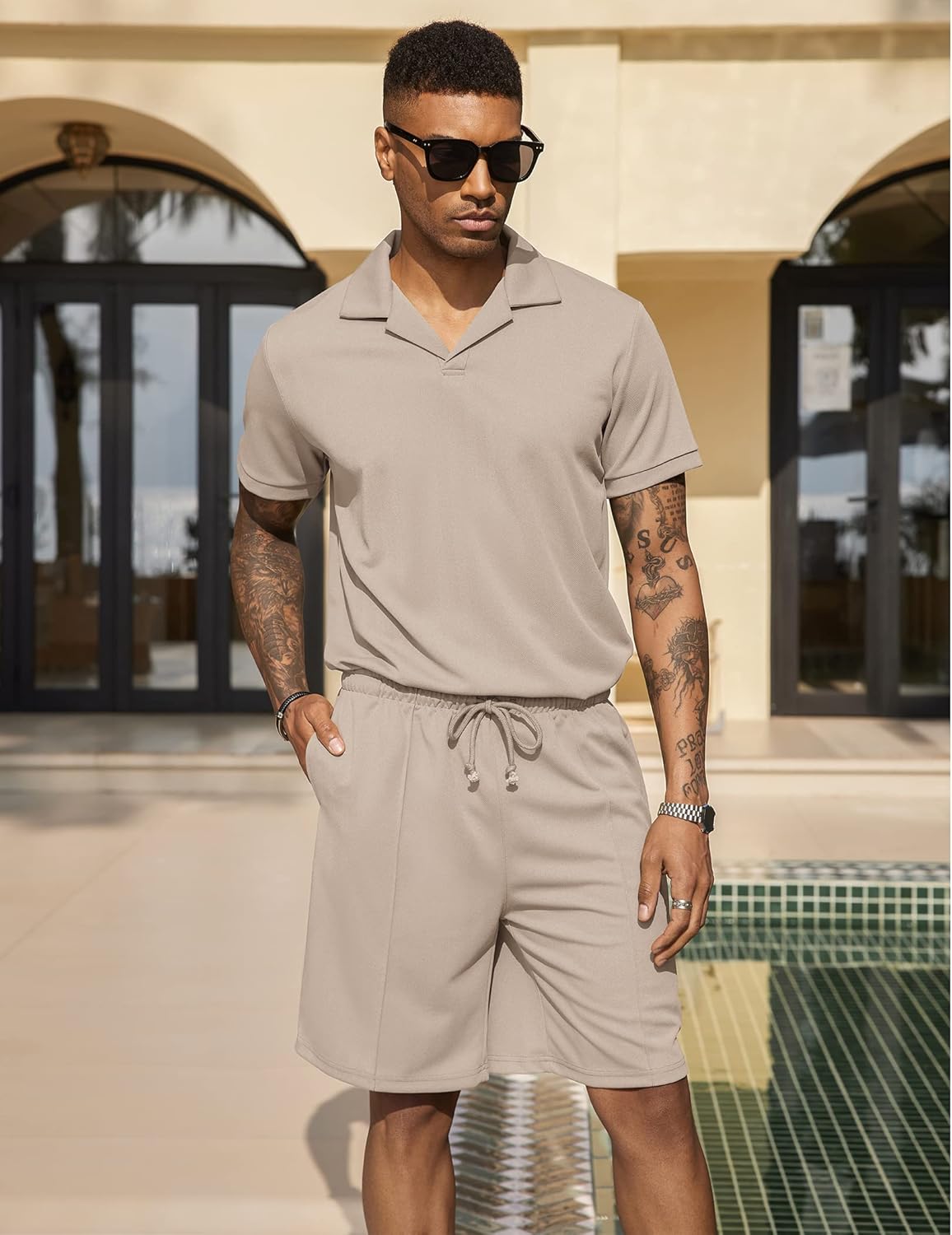 Miniatura 4 de COOFANDY Conjunto de camisa polo y pantalones cortos para hombre, trajes de verano de 2 piezas, pantalones cortos, trajes de moda casuales de manga
