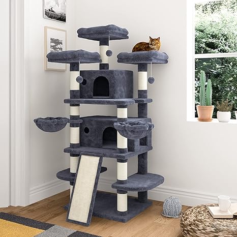 IMUsee 68 Inches Multi-Level Large Cat Tree for Large Kitties/Big Cat Tower with Condo/Cozy Plush Perches/Sisal Scratching Posts and Hammocks/ Feline Activity Center Play House/Smoky Grey