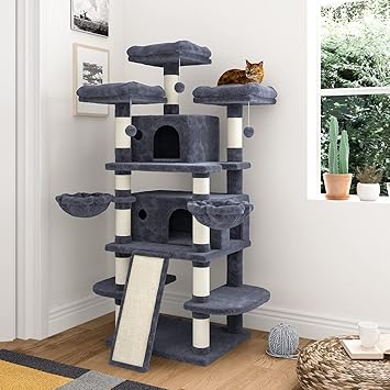 IMUsee 68 Inches Multi-Level Large Cat Tree for Large Kitties/Big Cat Tower with Condo/Cozy Plush Perches/Sisal Scratching Posts and Hammocks/ Feline Activity Center Play House/Smoky Grey