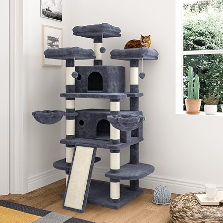 IMUsee 68 Inches Multi-Level Large Cat Tree for Large Kitties/Big Cat Tower with Condo/Cozy Plush Perches/Sisal Scratching Posts and Hammocks/ Feline Activity Center Play House/Smoky Grey