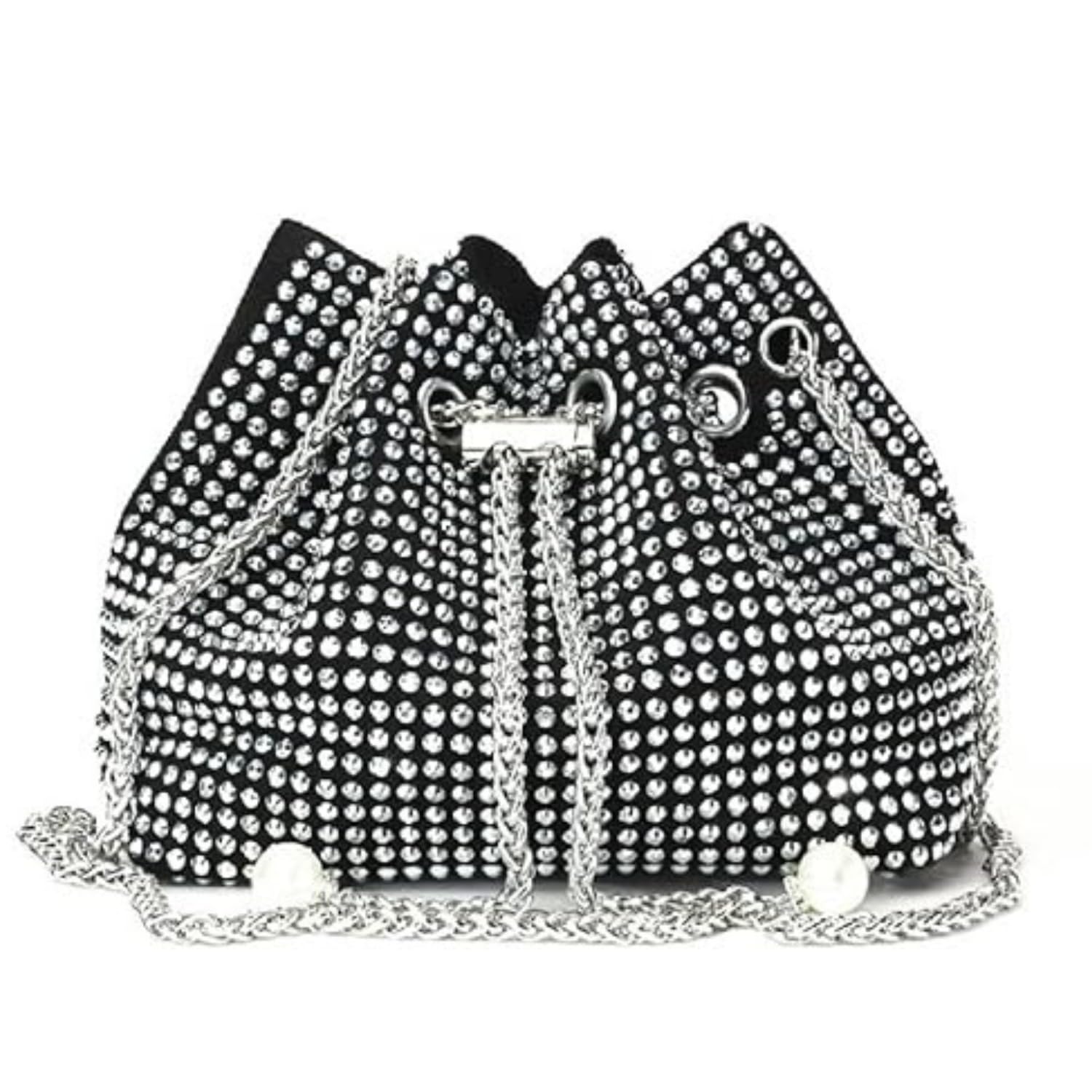 CHERYL BAGS Rhinestone Bucket Bag, Black Crystal Embellished Mini Evening Handbag with Chain Strap, Drawstring Crossbody Clutch for Women-image-12