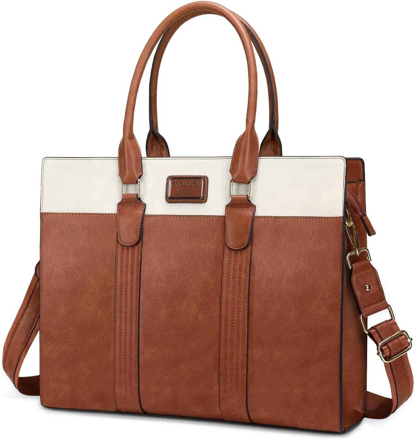 MOSISO Laptop Bag for Women, 15.6 inch PU Leather Laptop Tote Work Bags, 15.6-16 inch Large Capacity Double Vertical Stripes Computer Briefcase Waterproof Bag for Office Travel, Brown