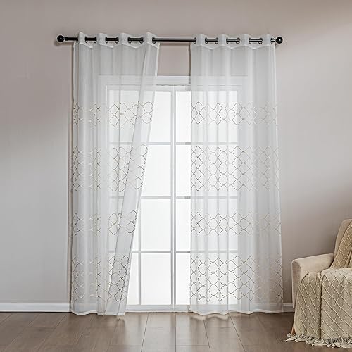Amazon Basics 2-Piece Embroidery Sheer Curtain Set, Light Filtering Hollow Drapes for Living Room and Bedroom, 52" W × 95" L, White Scale