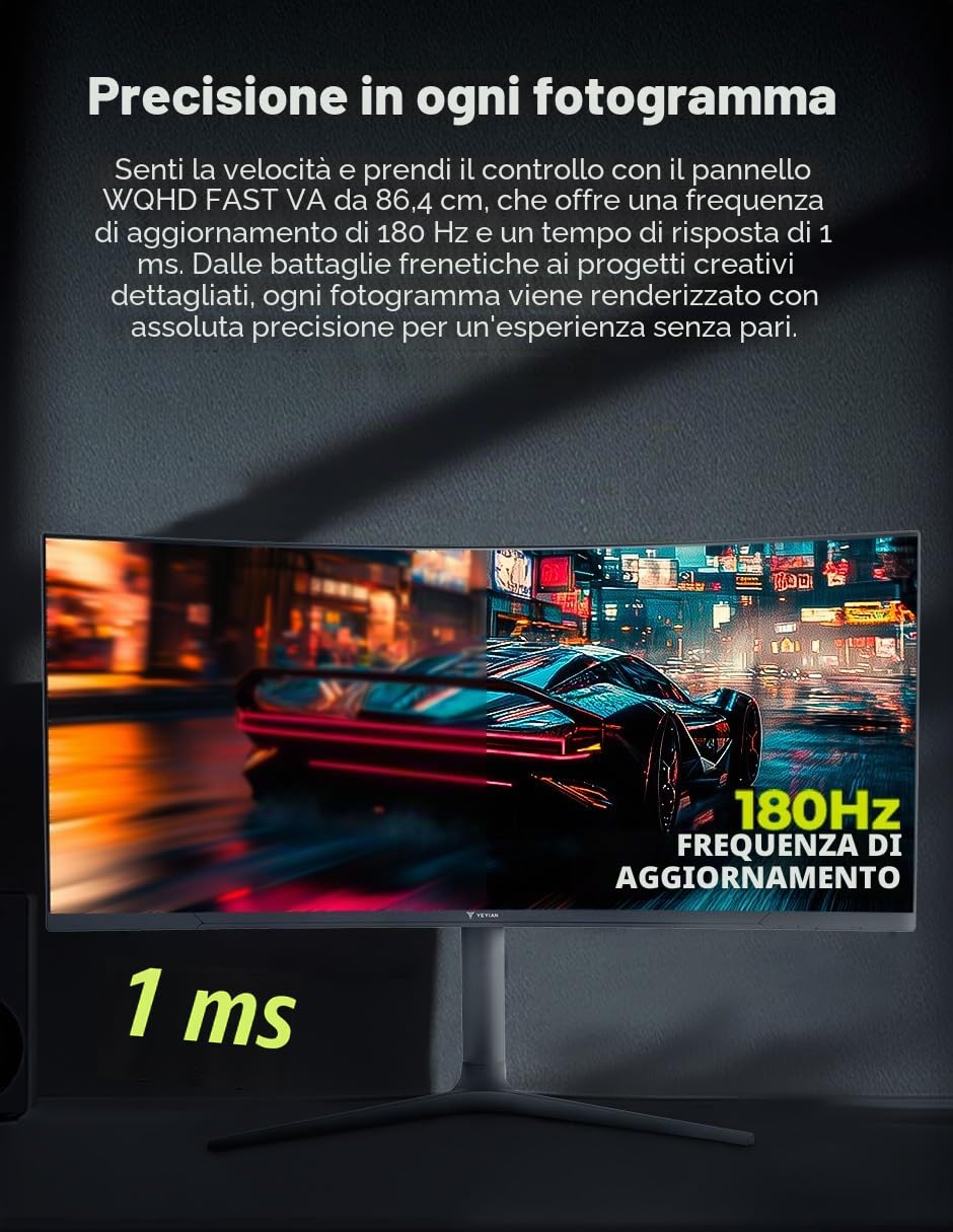 YEYIAN Proact FV234 - Monitor da gioco da 34", curvato WQHD (3440 x 1440), pannello VA 180Hz, 1ms, FreeSync & G-Sync, 92% NTSC, connettività DP1.4 e HDMI 2.0