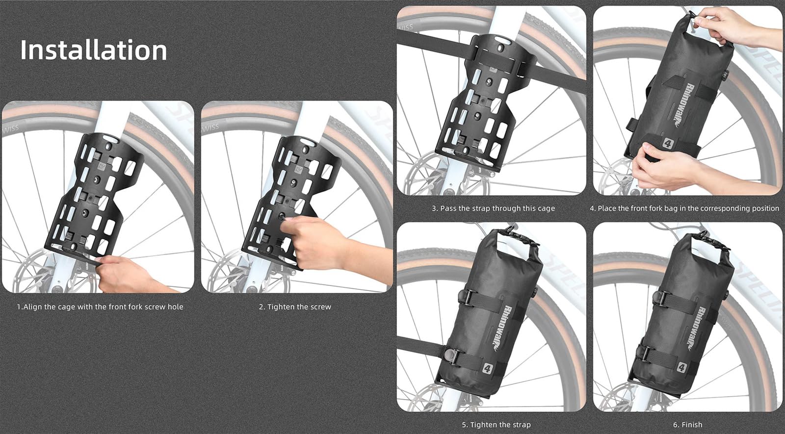 Rhinowalk Sacoche de fourche de vélo, 4 l, étanche, sacoche de roue avant, avec valve d'air, design réfléchissant, montage robuste pour VTT, vélo électrique et scooter électrique, noire