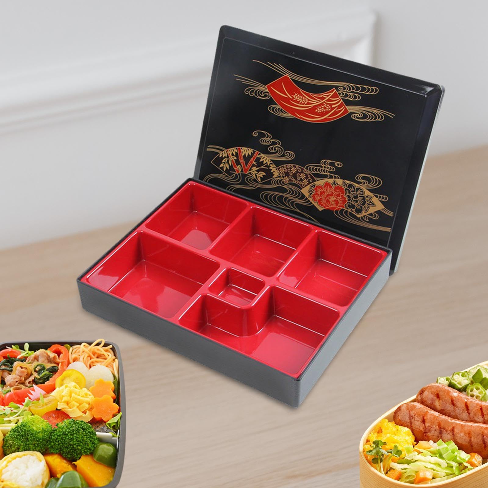 Gralara Boîte à Bento Japonaise Rouge et Noire avec Couvercle, Idéale pour La Maison, Le Bureau Ou Un Restaurant, modèle A