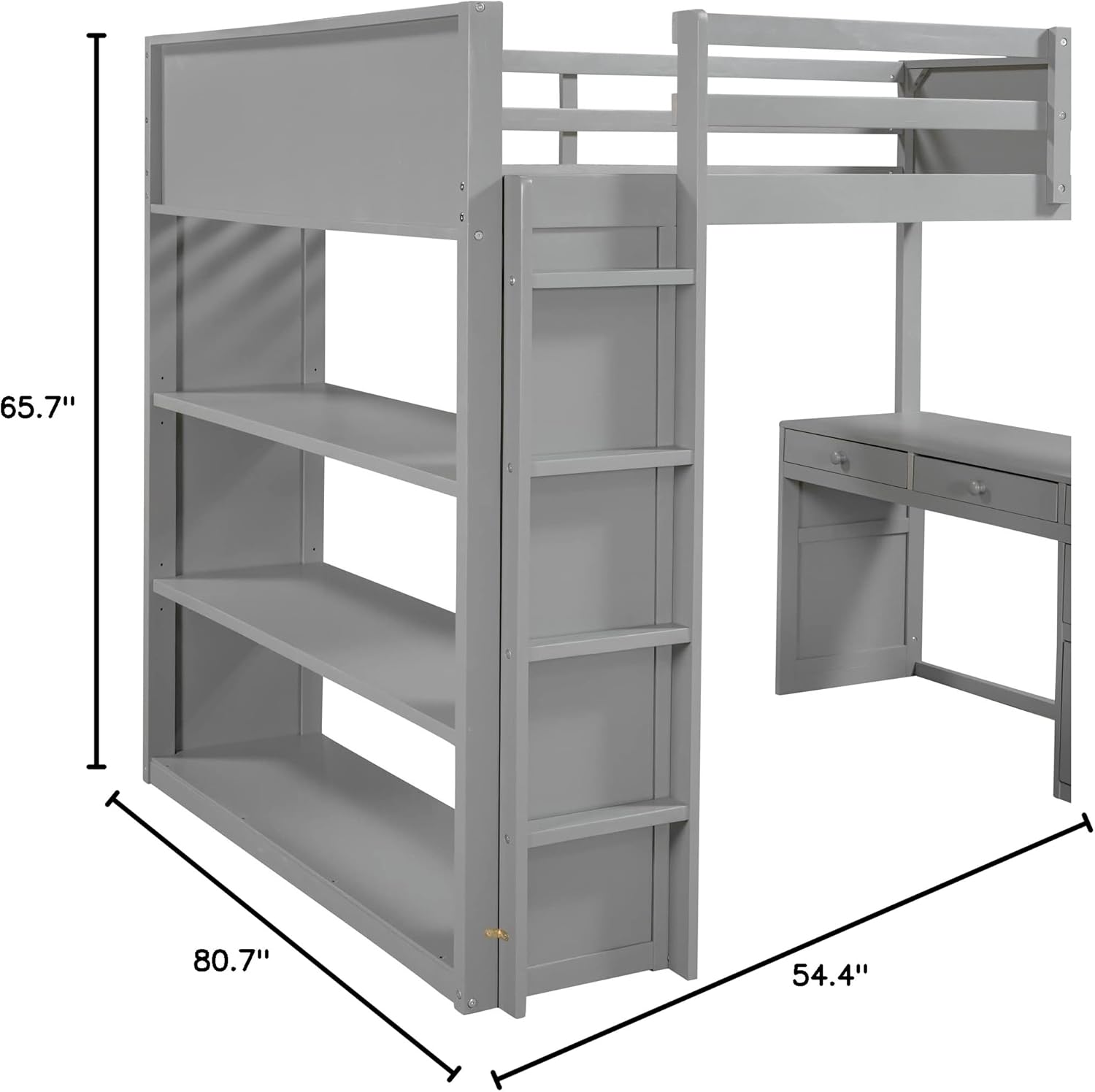 High Loft Bed, Full Bed Frame with Ladder, Shelves and Desk, No Box Spring Needed, Gray