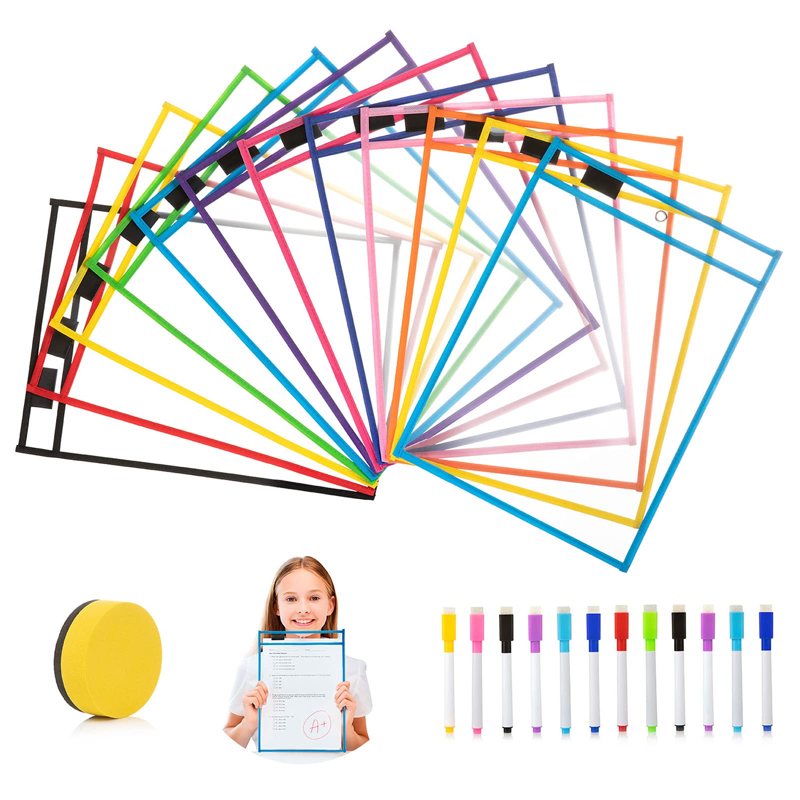 mallDry Erase Pockets 12 Set Oversized 10 x 13 Inches for Teachers and Students - Reusable Sleeves in Assorted Colors for Classroom Supplies