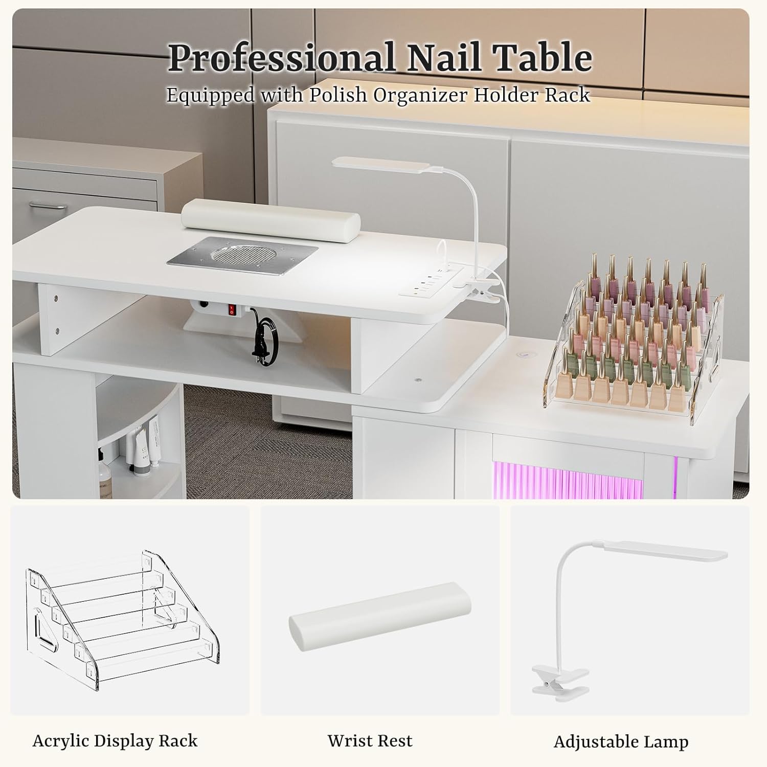 Manicure Table with LED Light & Lamp, Nail Desk Nail Tech Table with Dust Collector & Charging Station, Nail Station with Acrylic Display Rack, Drawers & Glass Door Cabinet (White)