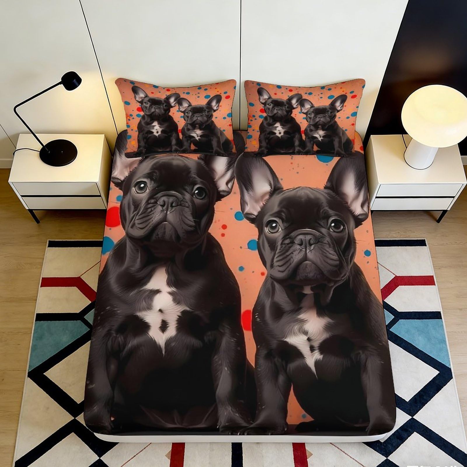 Pnayamiorkfel Style-6 3D Printed Black French Bulldog Fitted Sheet Microfiber Orange Splash Bed Cover For Bedroom Dorm Mattress Decor 90X200x25cm