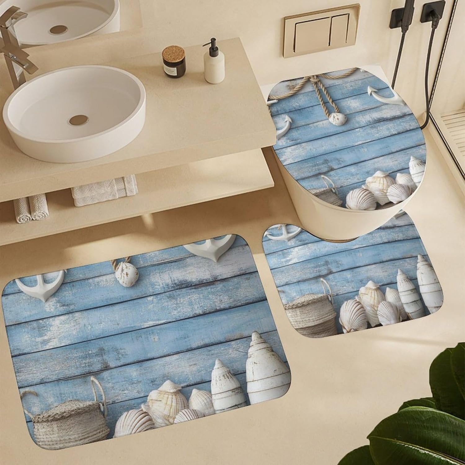 4Pcs Retro Wooden Board Anchor Shower Curtain Sets, 4pcs Ocean Nautical Conch Shower Curtains for Bathroom with Rugs, Toilet Lid Cover, Bath Mat, 72" x 72"