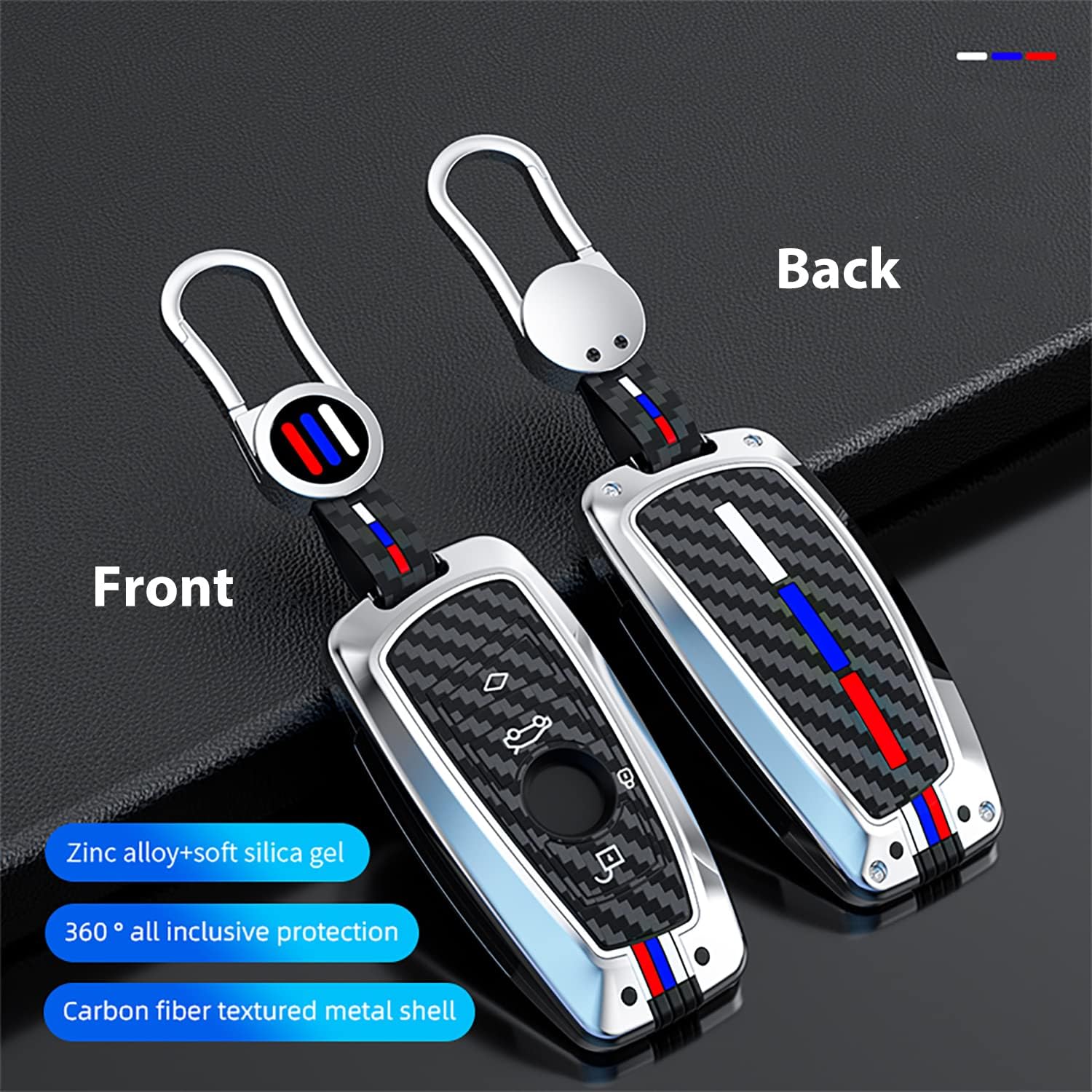 OLLEN Heavy Zinc Alloy Key Fob Cover, Fit for BMW 1 3 4 5 6 7 Series X3 X4 M5 M6 GT Series etc, Full Protection Remote Fob Cover with Carbon Fiber Pattern, Square Shape, Silver(1 Pcs)