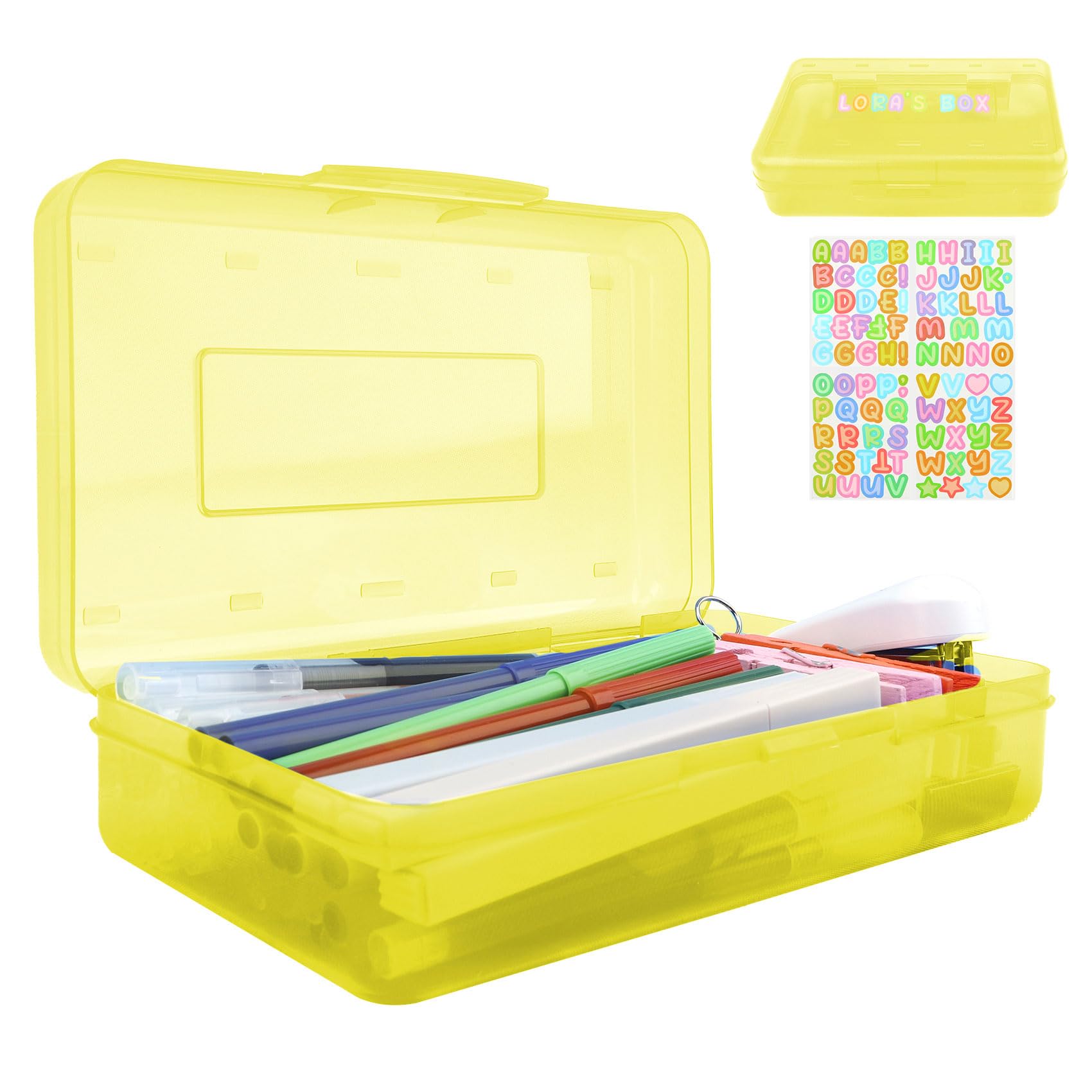 Yellow Pencil Case, Pencil Box, Crayon Box, Clear Pencil Case, Plastic Pencil Case Aesthetic, Hard Pencil Case with Stickers,Stackable Storage Box Pencil Case for Girls,Large Plastic Yellow Pencil Box