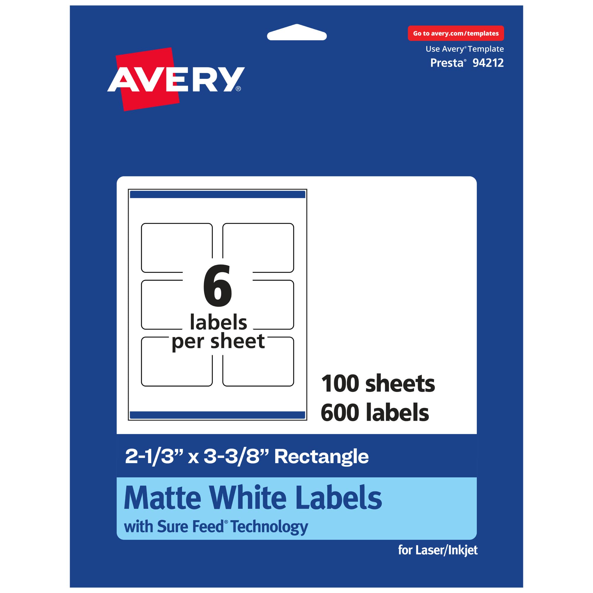 Avery Matte White Rectangle Labels, Sure Feed Technology, 2-1/3" x 3-3/8", 600 Matte White Printable Labels