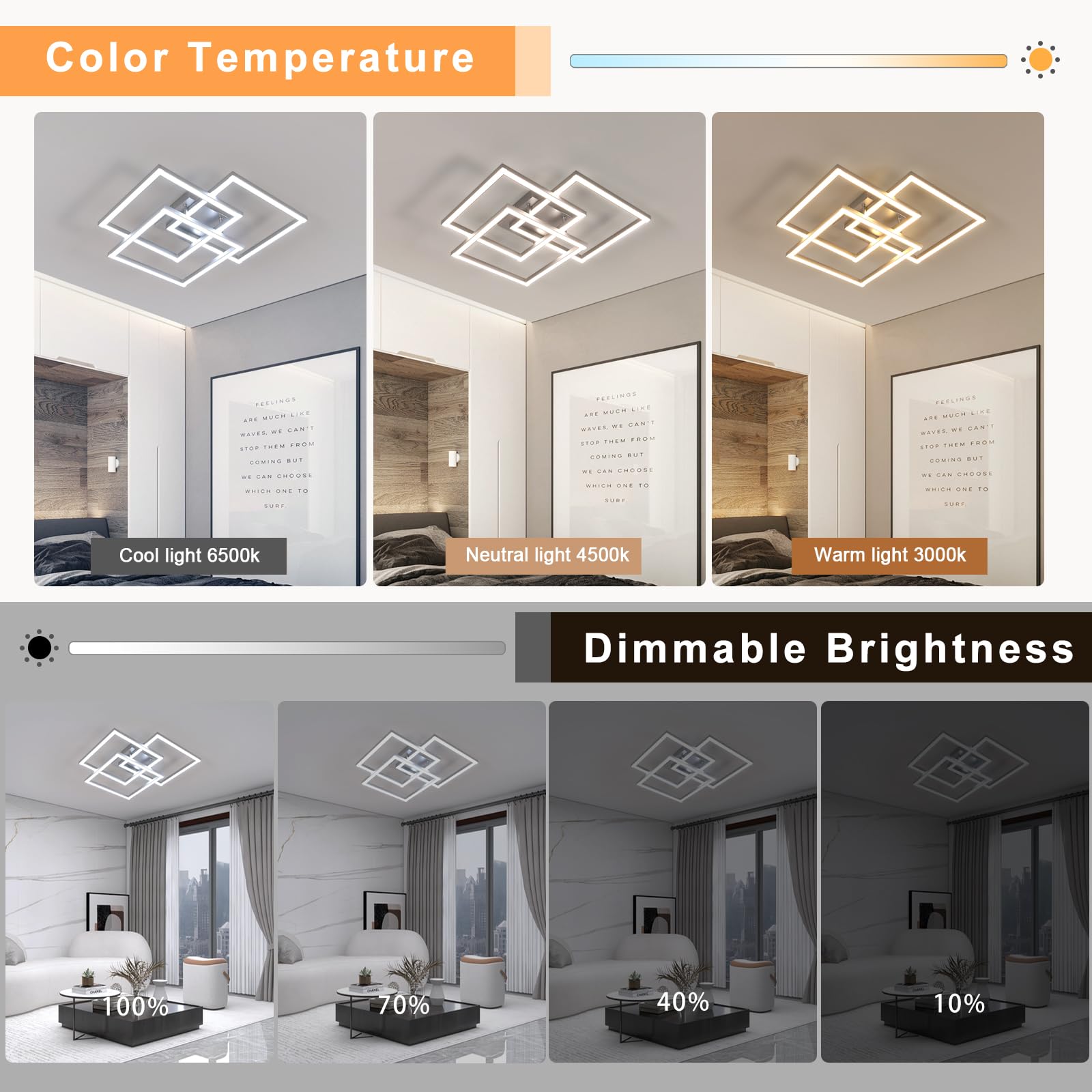 DELIPOP Plafoniera LED Soffitto Dimmerabile 3000K-6500K, Lampadario Camera da Letto Moderno 40W 4500LM, Lampada da Soffitto Argenteo Quadrata per Soggiorno, Camera da Letto, Sala da Pranzo