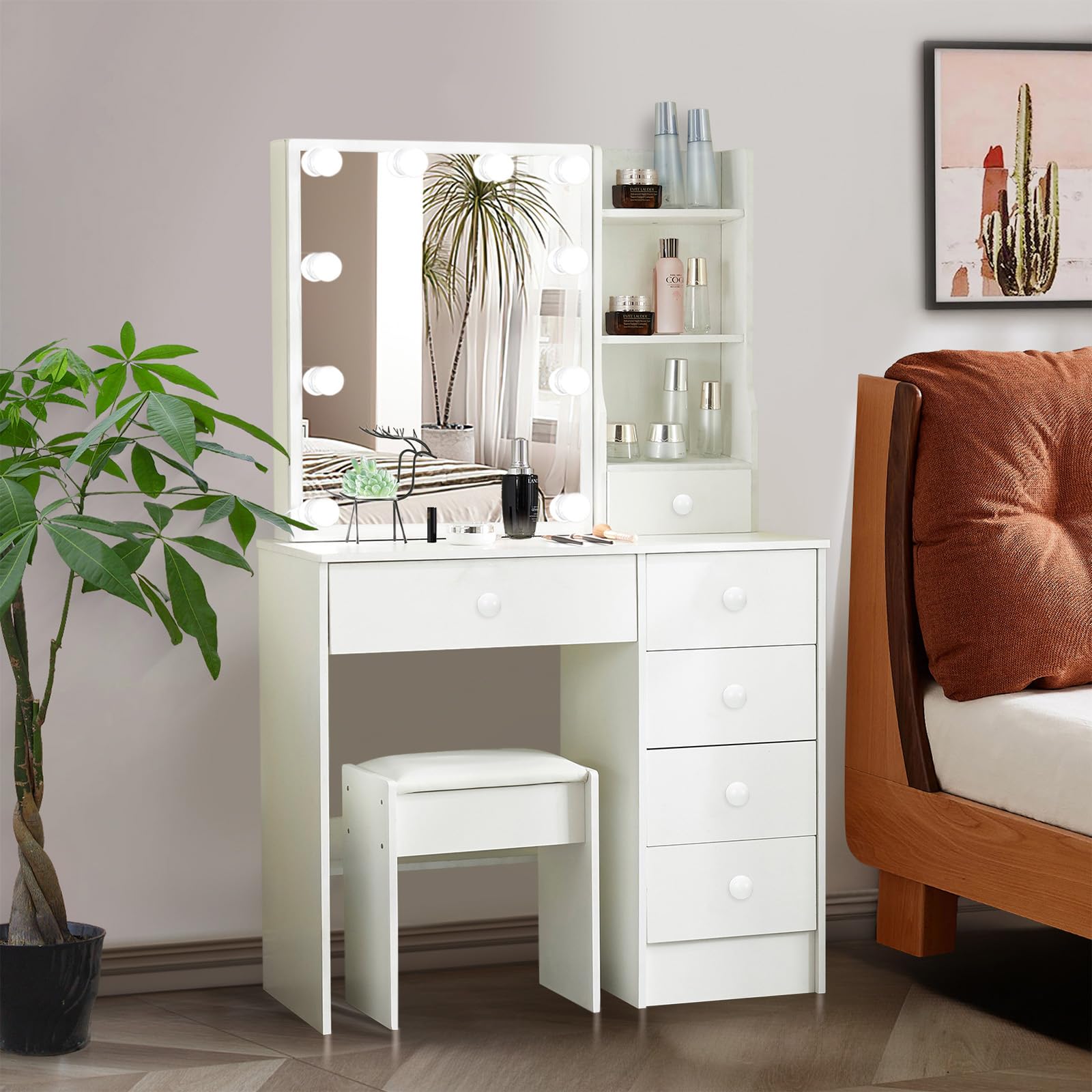 Teousev Coiffeuse avec Miroir Coulissant et Tabouret, Table de Maquillage Spacieuse et Robuste avec Lumière Réglable, Coiffeuse avec 6 Tiroirs et 6 Teousev Coiffeuse avec Miroir Coulissant et Tabouret, Table de Maquillage Spacieuse et Robuste avec Lumière Réglable, Coiffeuse avec 6 Tiroirs et 6