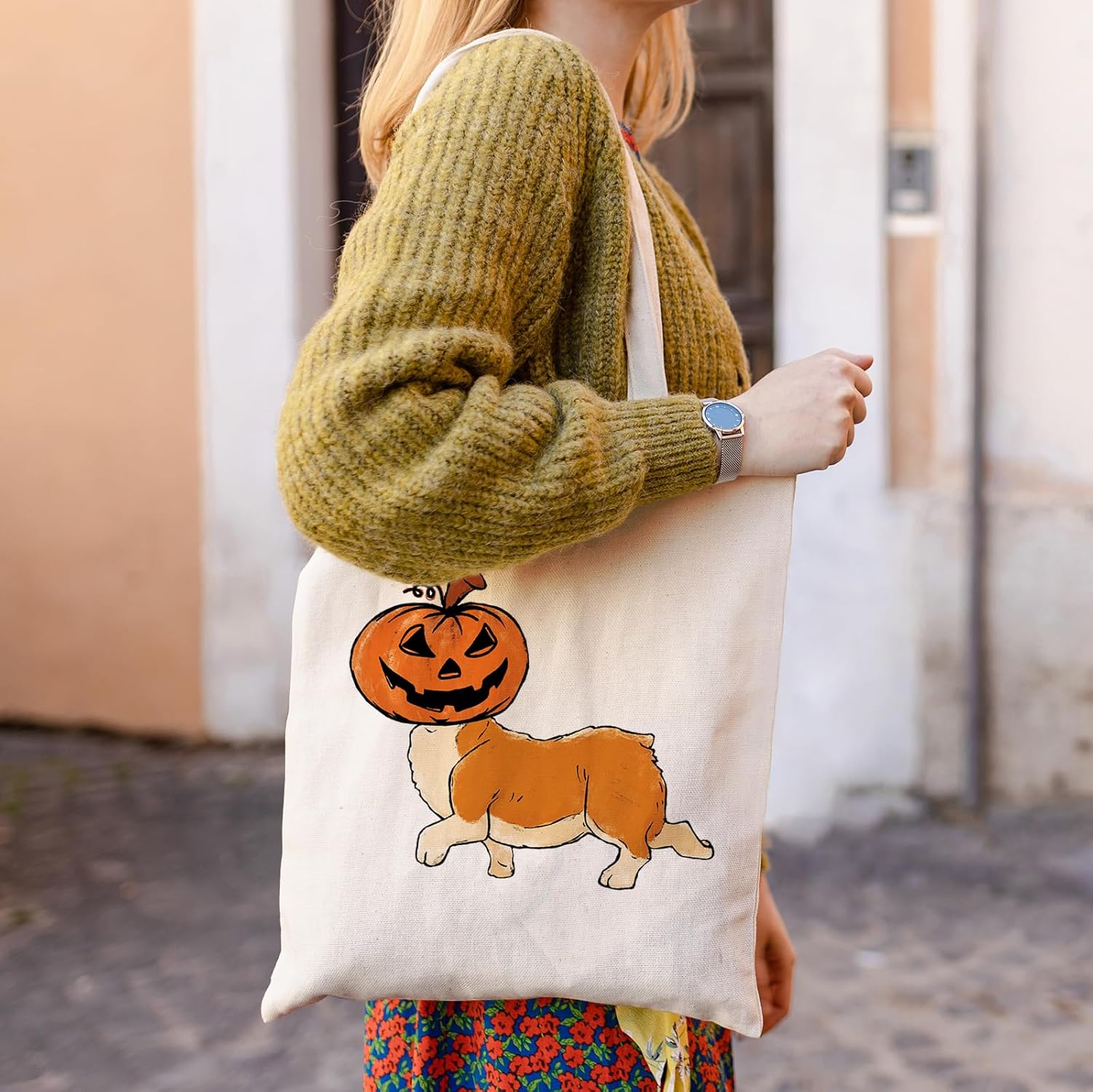 Jnglr Halloween Corgi Dog Tote Bag Canvas Tote Bag for Women, Halloween Gifts for Dog Lovers Reading Accessories, Book Lovers Women Reusable Grocery Bag - Image 2