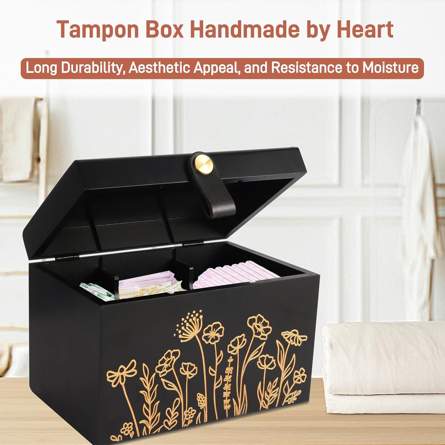 100% Solid Wood Tampon Holder Box with Lid, Copper Leather Pull, Absolute Real Wood Bathroom Decorative Box for Feminine Product Storage and Accessories such as Tampons, Cotton Balls, Gifts for Women