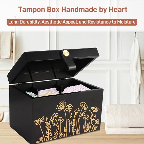 100% Solid Wood Tampon Holder Box with Lid, Copper Leather Pull, Absolute Real Wood Bathroom Decorative Box for Feminine Product Storage and Accessories such as Tampons, Cotton Balls, Gifts for Women