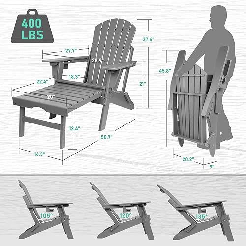 Miniatura 3 de FUNBERRY Silla Adirondack plegable ajustable con otomana retráctil, sillas para hogueras para todo tipo de clima con portavasos