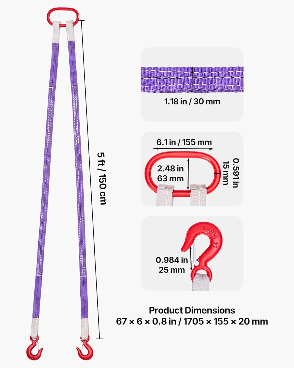 VEVOR Lifting Sling Straps, 2Pcs Two-Leg Polyester Bridle Sling with Hooks, 4400LB Capacity, 5Ft Heavy Duty Rigging Strap, Thickened & Wear-Resistant Webbing Slings for Engines Cranes Hoists Truck - Image 2