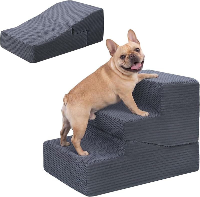 Dog Ramp for Bed Couch, 15.3" H Dog Stairs for Small Dogs | 2 in 1 Transformable 3-Step Pet Steps for Bed, Foldable Cats Ramp to Get on Bed, Non-Slip Balanced, Grey