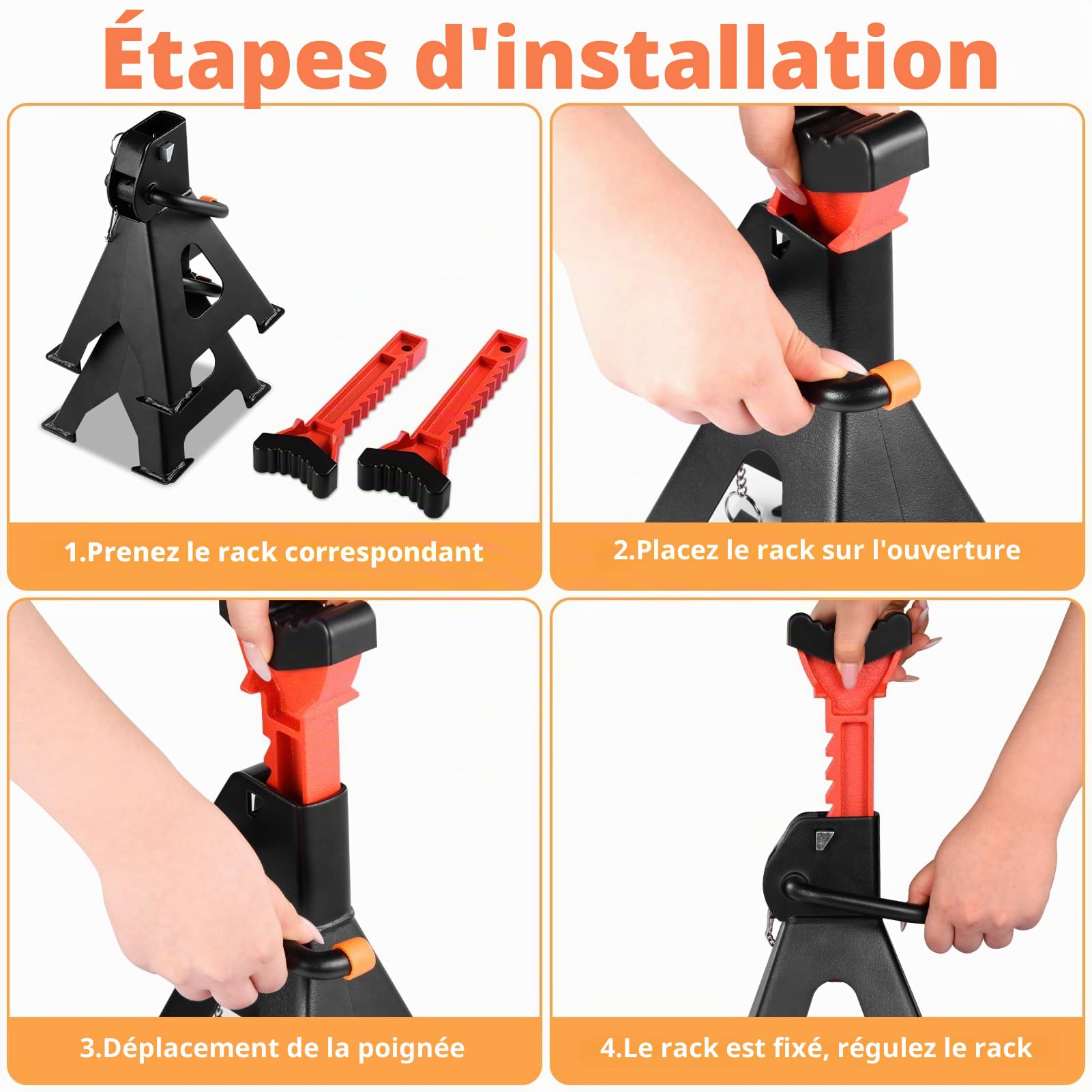 Lot de 2 chandelles d'essieu 6 tonnes réglables en hauteur sur 9 niveaux (36-58,5 cm) avec support en caoutchouc pour voitures, SUV et camionnettes